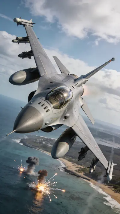 F-16 fighter jet banking sharply in the sky over a coastline with smoke plumes visible on the ground below.