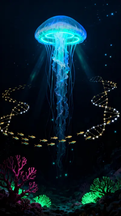 Giant translucent jellyfish glowing in electric blue and aquamarine bioluminescence in a dark deep-ocean abyss