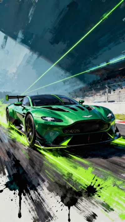 Green Aston Martin Vulcan track car with neon green light trails and blurry motion effects in a painting style.