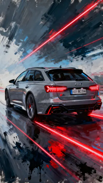 Grey Audi RS6 Avant speeding with red light trails and blurry motion effects in an artistic painting.