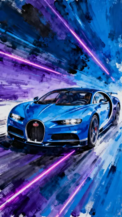 Blue Bugatti Chiron speeding with blurry motion effects and violet light trails in an artistic painting style.