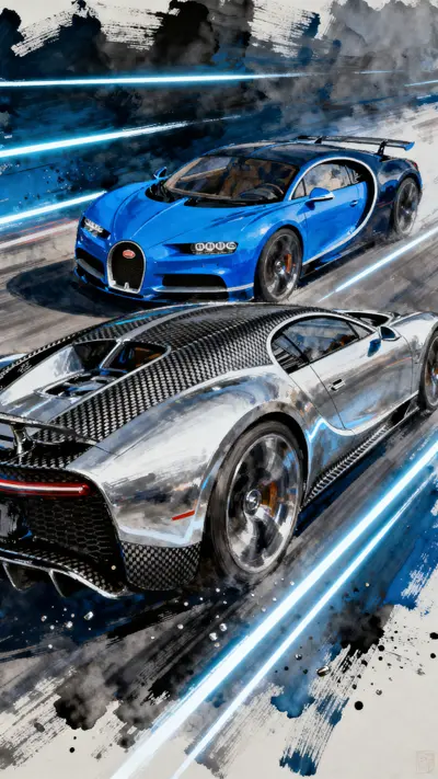 Blue and silver Bugatti Tourbillon with white light trails and carbon fiber textures in a dynamic painting.