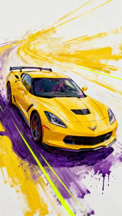 Yellow Chevrolet Corvette Z06 with yellow light trails and purple shadows in a dynamic artistic painting style.