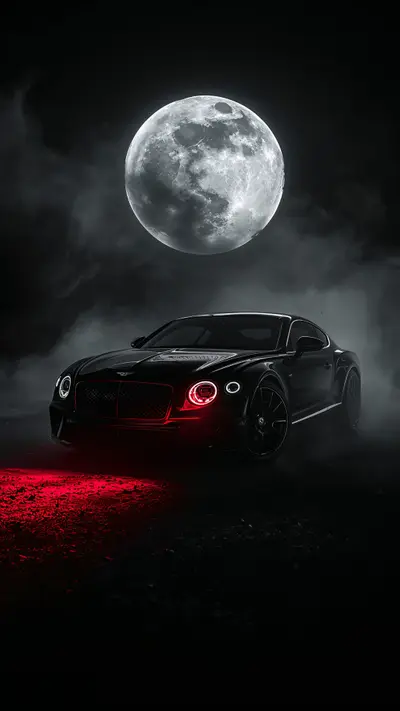 A dark silhouette of a Bentley car backlit by a huge full moon with red glowing lights in the grille and wheels.
