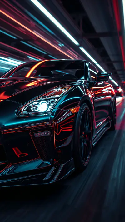 A sleek Japanese sports car with glowing neon accents and metallic paint in a high-speed motion shot.