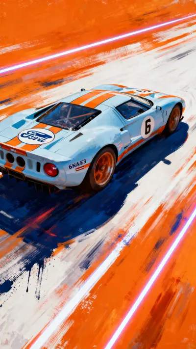 Blue and orange Ford GT Gulf Livery with white and orange light trails in a dynamic painting style.