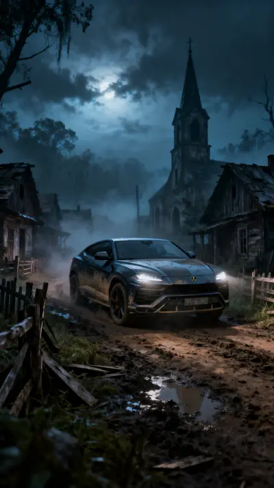A Lamborghini Urus in an abandoned, foggy village square at night with a church tower in the background.
