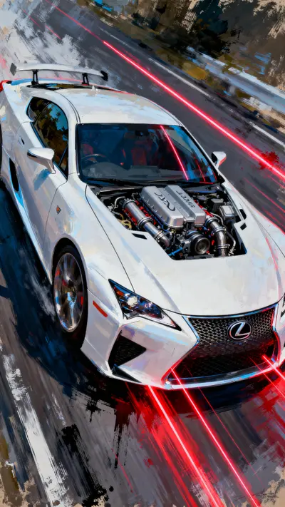 White Lexus LFA with red light trails and blurry motion effects in an artistic painting style.