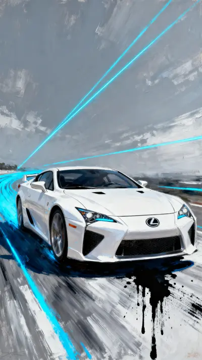 White Lexus LFA supercar with blue light trails and sharp silver shadows in an artistic painting style.