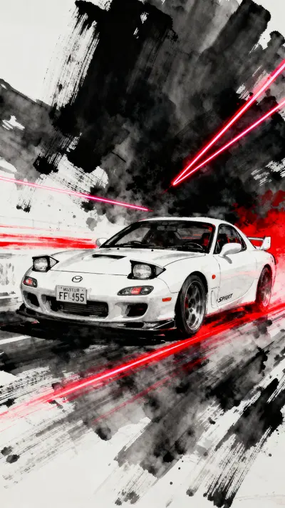 White Mazda RX-7 Spirit R drift painting with red light streaks and heavy artistic brushstrokes.