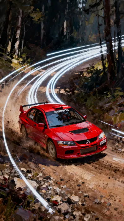 Red Mitsubishi Lancer Evo VI rally car speeding through dirt with white light trails and artistic paint splatters.