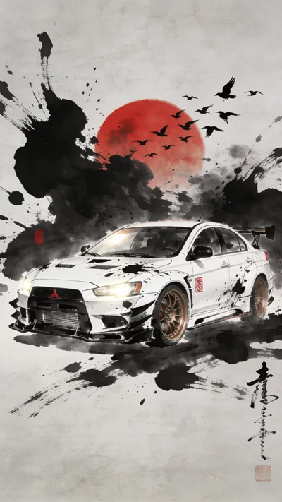 Free Download Mitsubishi Lancer Evo X Wallpaper: Japanese Sumi-e ink art style featuring a red sun and crows. High-res JDM car art for your mobile.