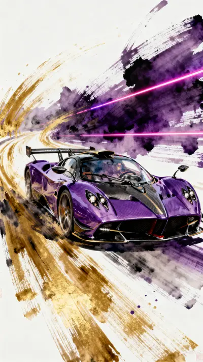 Purple Pagani Huayra BC with gold light trails and dynamic painting effects in a high-speed scene.