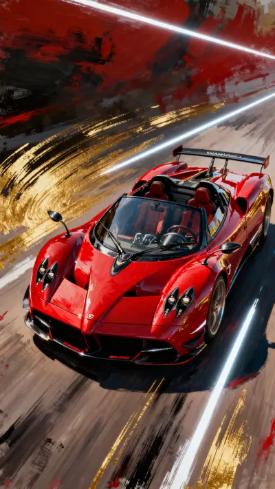 Deep red Pagani Huayra Roadster BC with gold light trails and dynamic painting effects in a high-speed scene.