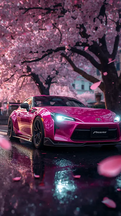 A pink metallic sports car parked under a blooming sakura tree with falling petals and wet reflections.
