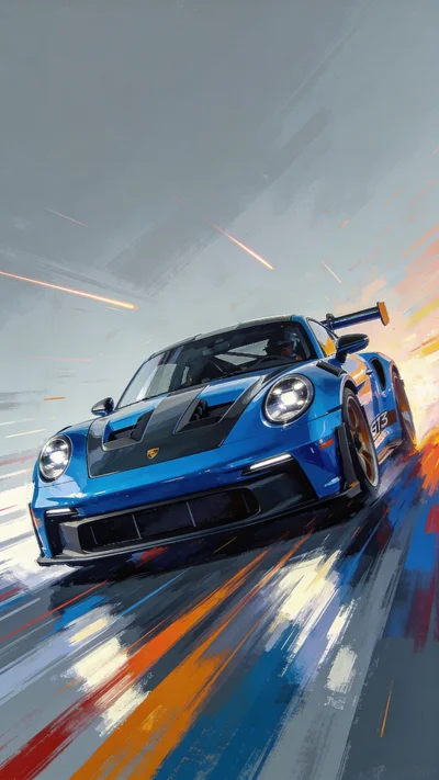 Metallic Shark Blue Porsche 911 GT3 RS digital painting with vibrant speed streaks and aggressive racing brushstrokes.