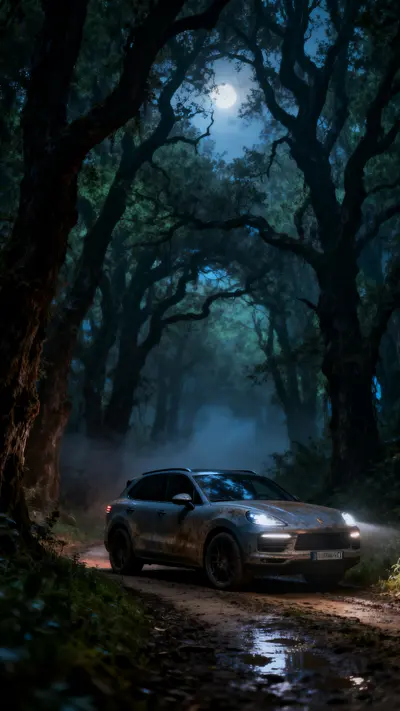 A Porsche Cayenne parked in a dark, foggy forest at night with headlights softly illuminating the trees.
