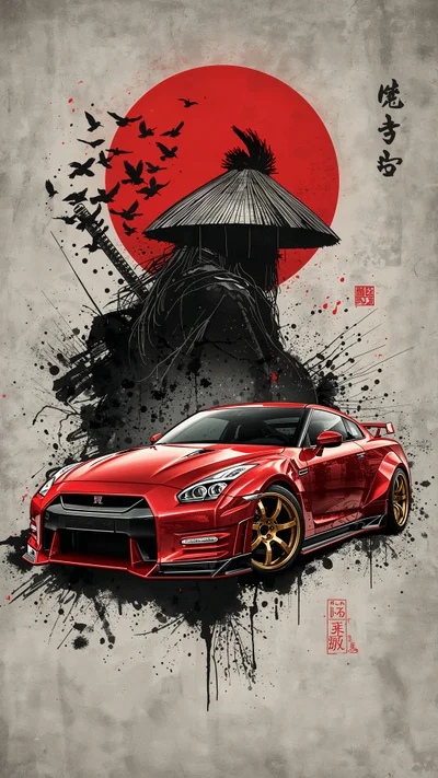 A vibrant red Nissan GT-R R35 with gold wheels positioned in front of a dark samurai silhouette wearing a traditional straw hat. The background features a large red sun, flying crows, and black ink splatters on a textured grey parchment background, blending JDM car culture with traditional Japanese art.