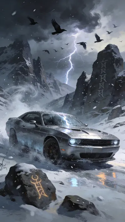 Silver Dodge Challenger muscle car drifting in a snowy Viking mountain pass with lightning and ravens.