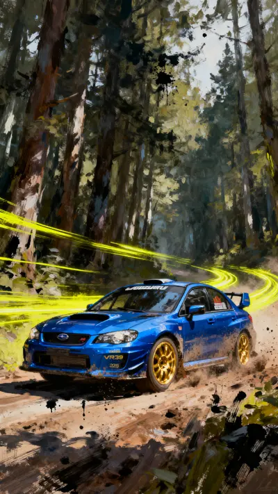 Blue Subaru WRX STI 22B rally car with yellow light trails and gold wheels in a forest rally scene.