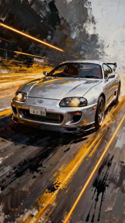 Silver Toyota Supra MK4 with amber light trails and artistic paint splatters in a street racing style.