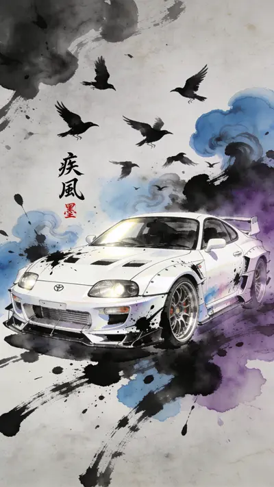White Toyota Supra MK4 with widebody kit in a Japanese Sumi-e ink splatter art style, featuring blue and purple watercolor splashes and flying crows.