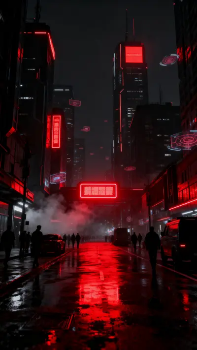 A futuristic city street at night with glowing red neon signs and reflections on wet pavement.