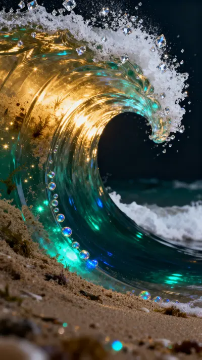 Macro close-up of a backlit wave curl with translucent emerald water, bioluminescent glow and white seafoam spray