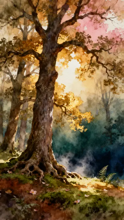 Watercolor painting of ancient gnarled oak trees with golden light filtering through misty forest canopy at dusk