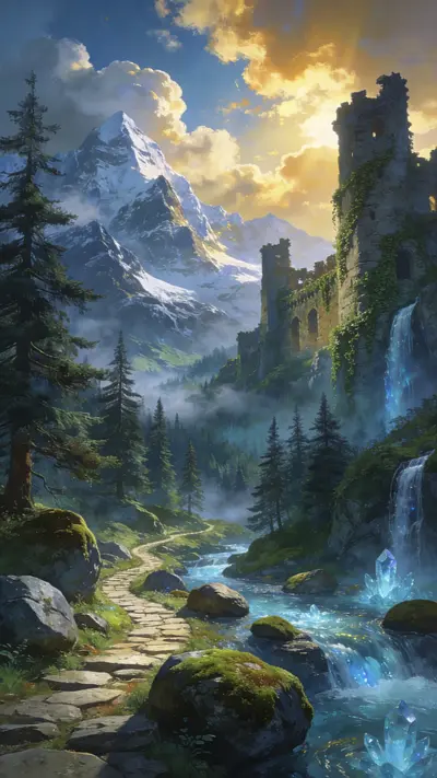 Ruined stone castle beside a waterfall with glowing blue crystals, a winding path, and a snow-capped mountain.