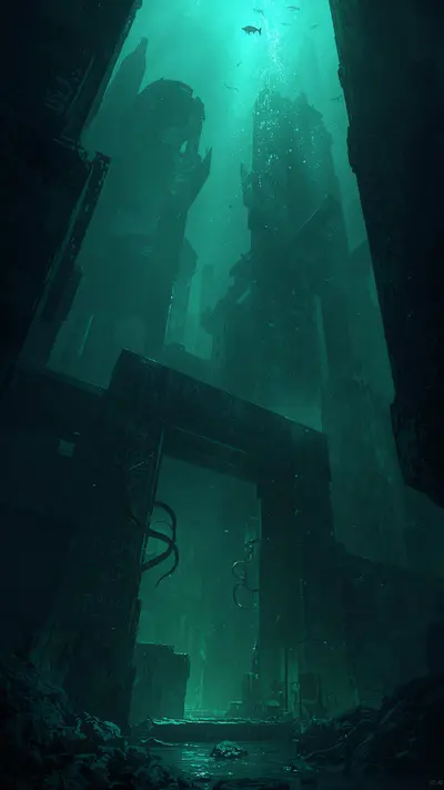 An underwater city with non-Euclidean architecture, giant tentacles, and green bioluminescent light.