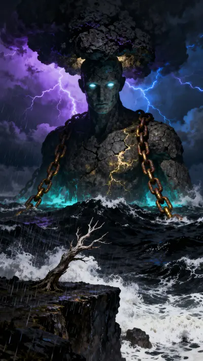 Colossal stone deity emerging from a stormy midnight ocean with glowing eyes, violet lightning, and rusted chains