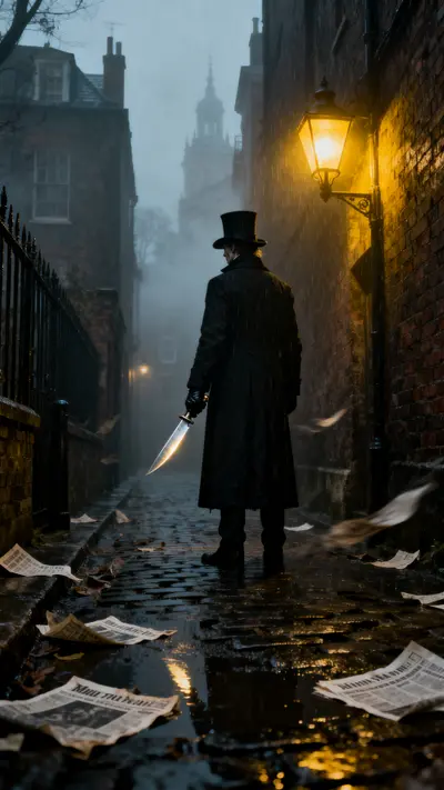 A silhouette of a tall man in a top hat standing in a dark, foggy cobblestone alley with gas lamps.