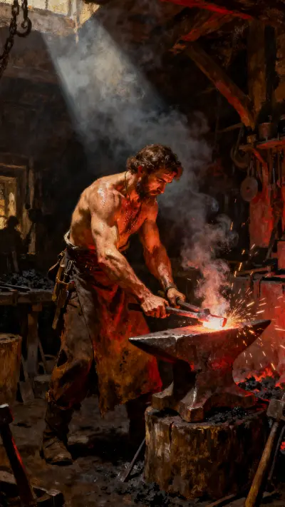 An oil painting of a muscular blacksmith working with glowing iron in a dark, smoky workshop.