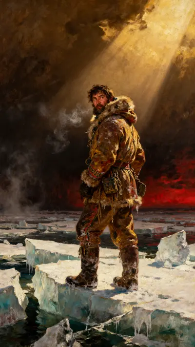 A 19th-century style oil painting of an explorer in a fur parka standing on sea ice during a dark, misty arctic storm.