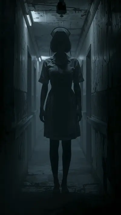 A tall, eerie nurse figure with elongated limbs standing in a dark, flickering hospital hallway.