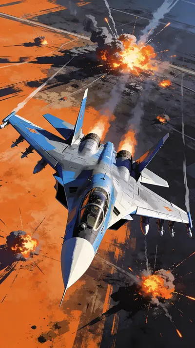 A Su-57 stealth fighter jet diving toward a battlefield with explosions on the ground in stylized orange and blue tones.
