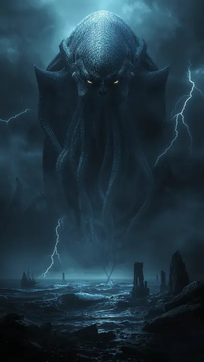 Large Cthulhu creature with tentacles rising from a dark stormy ocean near a small ship and jagged rocks.