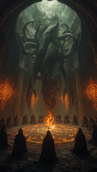 Robed figures kneeling in a circle around a dark entity with tentacles in a ruined stone underground room.