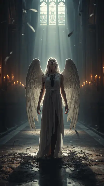 A fallen angel with tattered wings and robes standing in a dark, foggy cathedral with cinematic lighting.