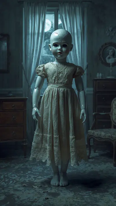 A cracked porcelain doll in a faded lace dress standing in a dark, dusty Victorian room.