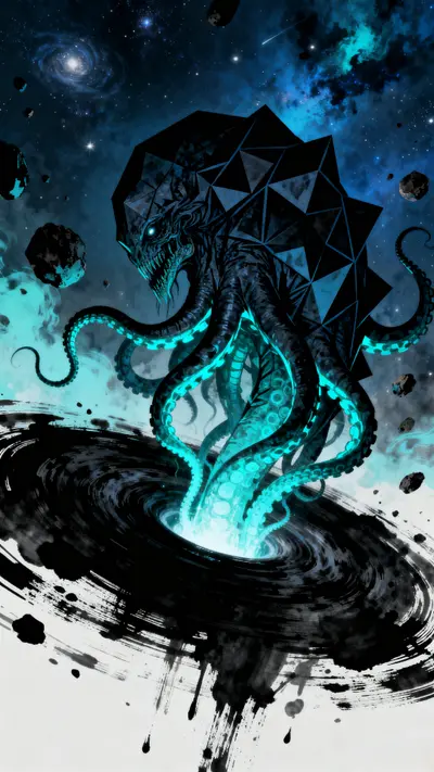 Giant blue and black octopus monster emerging from a glowing black hole in deep space.