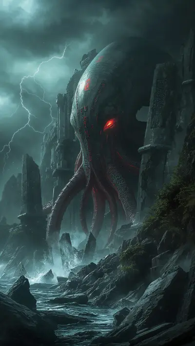 A colossal Lovecraftian monster with tentacles and abyssal eyes emerging from stone ruins on a stormy island at night.