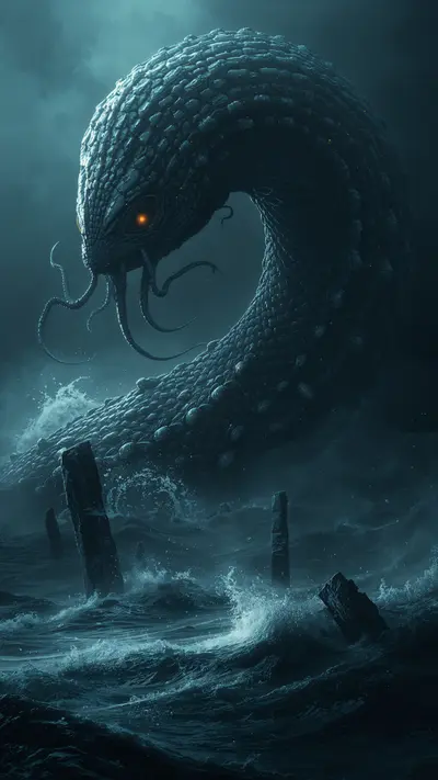 A giant serpentine sea monster with glowing veins rising from dark ocean waves near ancient stone pillars.