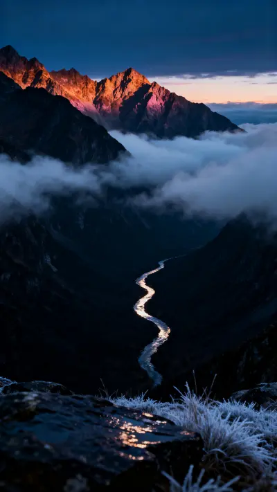 Cinematic blue-hour mountain valley with silver winding river, burnt amber alpenglow on ridgelines, and heavy storm clouds