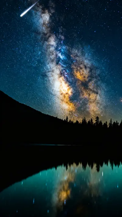 Long-exposure Milky Way arching over a still mountain lake with perfect reflection, meteor trail, and silhouetted treeline