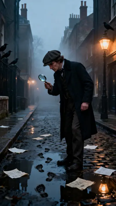 Sherlock Holmes with a magnifying glass on a foggy London street at night with gas lamps and cobblestones.