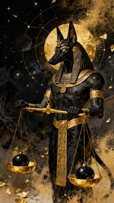 Jackal-headed Egyptian god standing in space with golden scales and stars around him in a high-fidelity digital art style.