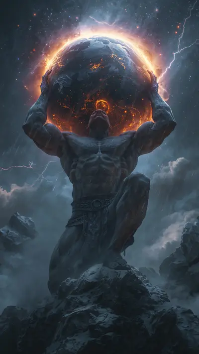 A muscular giant, Atlas, kneeling on a snowy mountain peak while lifting a glowing, fiery planet into a starry sky.
