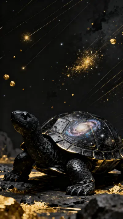 Mythical black tortoise with a starry galaxy pattern on its shell floating in a dark space void with golden dust.